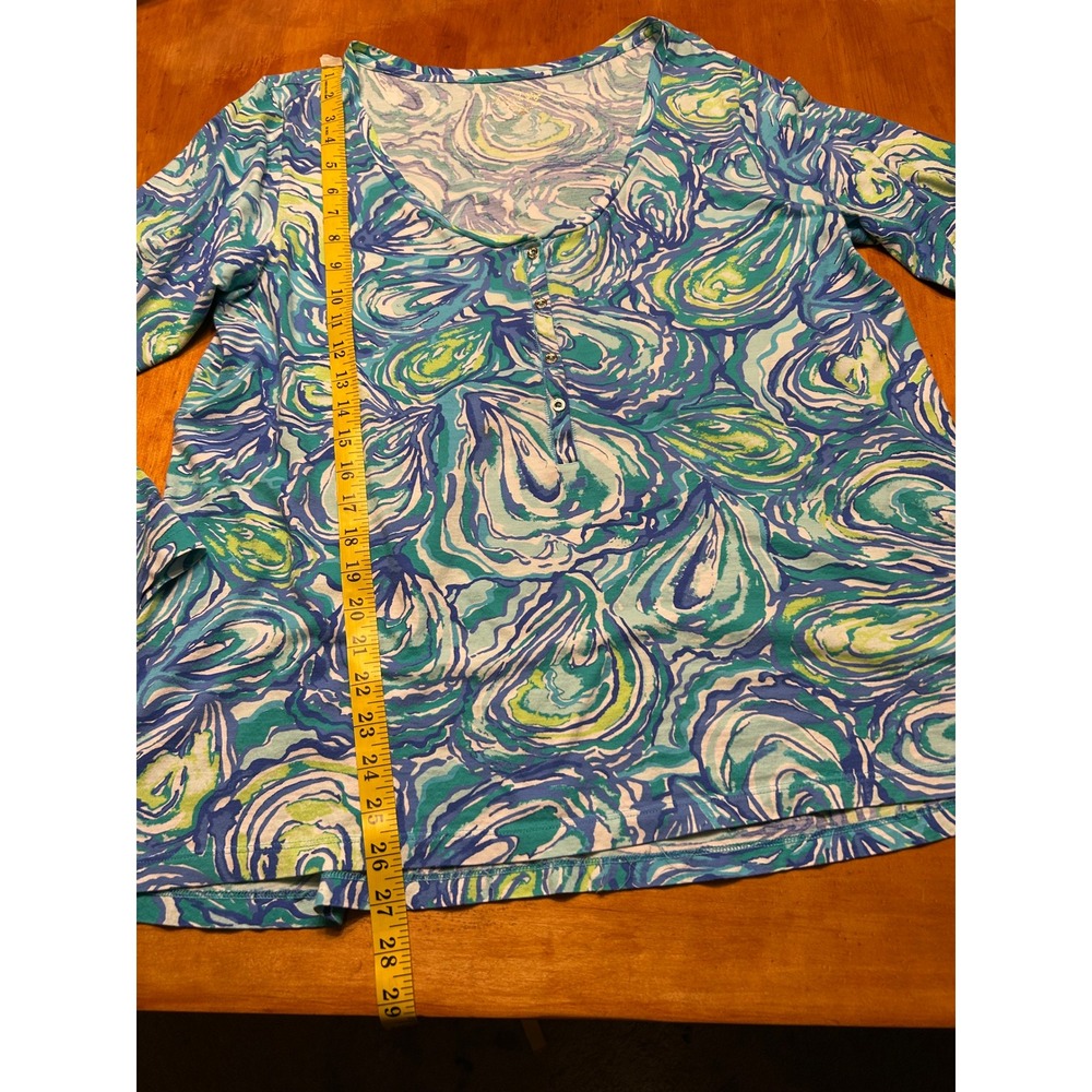 Lilly Pulitzer XL Blue Green Oyster Bay Pima Cotton Henley Top Palm Beach Chic - Picture 4 of 9